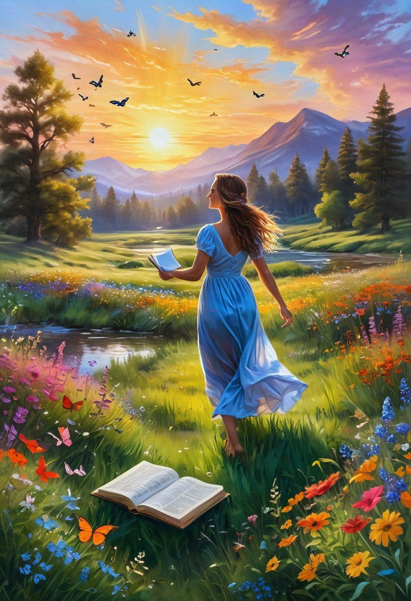 A serene landscape featuring a sunlit meadow filled with vibrant wildflowers, a gentle stream flowing through, and a radiant sunrise in the background. Illustrate a person joyfully dancing in the meadows, surrounded by butterflies and birds to symbolize freedom and happiness. Include an open book lying on the grass with glowing pages representing knowledge of joy. painting. vibrant colors. dreamy atmosphere.