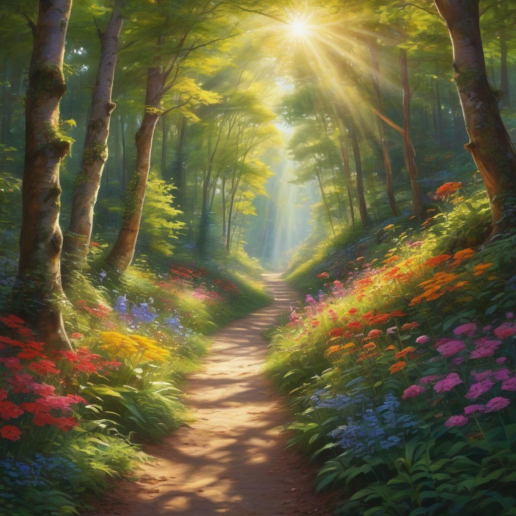 A vibrant scene depicting a winding path through a lush, sunlit forest, symbolizing a journey towards joy and contentment, with people of diverse backgrounds smiling and walking together, colorful flowers blooming along the sides, and gentle rays of sunlight filtering through the leaves. bright colors. super-realistic.