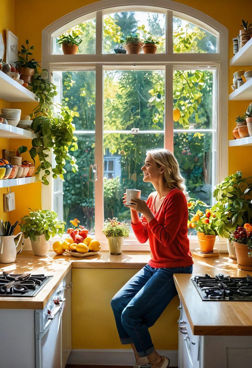 A bright, sunlit kitchen with a cheerful person sipping coffee, surrounded by fresh fruits and a vibrant garden visible through the window. Include colorful notes and reminders about positivity and gratitude on the walls. The atmosphere should feel warm and inviting, radiating joy and abundance in daily life. super-realistic. vibrant colors. bright background.